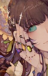 Rule 34 | 1girl, abstract background, absurdres, blue eyes, blue gemstone, blush, bracelet, brown hair, character name, chengzitan90, chinese commentary, colored eyelashes, commentary request, fingernails, flower, fors wall, gem, hand on own cheek, hand on own face, highres, holding, holding pen, jewelry, long hair, looking to the side, lord of the mysteries, orange gemstone, pen, purple gemstone, ring, signature, smile, solo, yellow gemstone