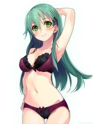 Rule 34 | 10s, 1girl, :&gt;, aqua hair, arm behind head, arm up, armpits, blush, bow, bow panties, bra, breasts, cowboy shot, green eyes, hair ornament, hairclip, kantai collection, long hair, looking at viewer, navel, panties, purple bra, purple eyes, remodel (kantai collection), shirokitsune, simple background, smile, solo, suzuya (kancolle), underwear, underwear only, white background