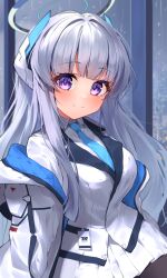 Rule 34 | 1girl, absurdres, blue archive, blunt bangs, blush, breasts, commentary, grey hair, hair ornament, halo, highres, id card, jacket, looking at viewer, mechanical halo, medium breasts, necktie, noa (blue archive), purple eyes, school uniform, shumai il, smile, solo, uniform, white hair, window