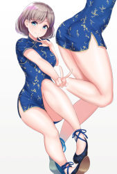 Rule 34 | 1girl, 20s, absurdres, ass, black footwear, blue dress, blue eyes, blush, breasts, china dress, chinese clothes, double v, dress, floral print, grey hair, highres, knee up, looking at viewer, love live!, love live! superstar!!, medium breasts, medium hair, multiple views, rama (yu-light8), short sleeves, side slit, simple background, tang keke, thighs, v, white background