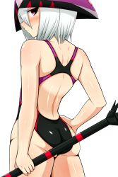 Rule 34 | 1girl, ass, competition swimsuit, cosmic break, from behind, hat, highres, itntn, mame daifuku, nicole (cosmic break), nicole malice, one-piece swimsuit, red eyes, short hair, silver hair, solo, staff, swimsuit