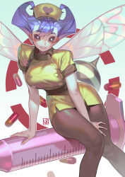 Rule 34 | 1girl, arthropod girl, bee girl, between legs, black eyes, black pantyhose, black sclera, blue hair, breasts, capsule, colored sclera, hand between legs, hat, heart, highres, insect girl, insect wings, large breasts, large syringe, looking at viewer, monster girl, no pupils, nurse, nurse cap, oversized object, pantyhose, pill, poch4n, q-bee, short hair, short sleeves, simple background, sitting, smile, stinger, syringe, uniform, vampire (game), white background, wings