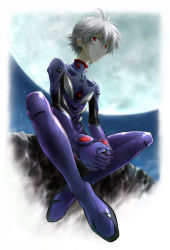 Rule 34 | 00s, 1boy, bodysuit, evangelion: 2.0 you can (not) advance, from below, full body, own hands clasped, indian style, latex, looking down, male focus, moon, nagisa kaworu, neon genesis evangelion, night, night sky, outdoors, own hands together, plugsuit, rebuild of evangelion, red eyes, rock, silver hair, sitting, sky, smile, solo, star (sky), star (symbol), starry sky, togetsuhou