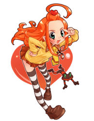 Rule 34 | 00s, ahoge, blush, chocolat meilleure, duke (sugar sugar rune), frog, green eyes, hair ornament, hand on own hip, heart, hip focus, jewelry, leaning forward, long hair, necklace, necktie, orange hair, pendant, pointy ears, shoes, skirt, striped clothes, striped legwear, striped thighhighs, sugar sugar rune, sweater, thighhighs, v, v over eye, witch, zettai ryouiki
