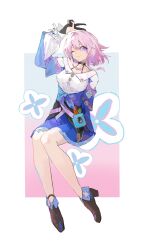 Rule 34 | 1girl, aco gbfg, arm up, black footwear, blue eyes, blue jacket, blue skirt, border, camera, closed mouth, collarbone, double-parted bangs, floating hair, gloves, high heels, highres, honkai: star rail, honkai (series), invisible chair, jacket, layered sleeves, march 7th (honkai: star rail), one eye closed, outside border, partially fingerless gloves, pink hair, pleated skirt, shirt, sitting, skirt, smile, solo, v, white border, white shirt