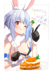 Rule 34 | 1girl, ;q, absurdres, ame., animal ear fluff, animal ears, black leotard, blue hair, blush, braid, breasts, cake, cake slice, closed mouth, commentary request, detached sleeves, don-chan (usada pekora), dress, food, fork, fur-trimmed gloves, fur trim, gloves, hands up, happy birthday, highres, holding, holding fork, hololive, index finger raised, leotard, multicolored hair, one eye closed, plate, puffy short sleeves, puffy sleeves, rabbit ears, red eyes, short eyebrows, short sleeves, sidelocks, small breasts, smile, solo, strapless, strapless dress, strapless leotard, thick eyebrows, tongue, tongue out, twin braids, twintails, two-tone hair, usada pekora, usada pekora (1st costume), virtual youtuber, white background, white dress, white hair, white sleeves