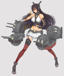 Rule 34 | 10s, 1girl, ankle boots, bare shoulders, black gloves, black hair, boots, fighting stance, fingerless gloves, full body, gloves, grey background, grey footwear, headgear, highres, kantai collection, long hair, machinery, midriff, nagato (kancolle), navel, pleated skirt, red eyes, red thighhighs, sai (saikun), simple background, skirt, solo, thighhighs, white skirt