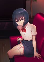 Rule 34 | 1boy, arm support, black hair, blue skirt, bob cut, bow, bowtie, censored, clothes lift, couch, crossdressing, erection, grin, hair between eyes, half-closed eyes, highres, hokuro ryuuseigun, indoors, josou seme, lifted by self, looking at viewer, male focus, medium hair, miniskirt, netorare, on couch, original, panties, panty pull, penis, pleated skirt, purple eyes, red bow, red bowtie, school uniform, shirt, shirt tucked in, short hair, siscon, sitting, skirt, skirt lift, smile, solo, testicles, textless version, trap, underwear, white panties, white shirt