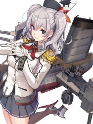 Rule 34 | 10s, 1girl, akasaai, anchor, blue eyes, breasts, cannon, dress shirt, epaulettes, female focus, garrison cap, gloves, hat, high heels, jacket, kantai collection, kashima (kancolle), large breasts, leg up, long sleeves, machinery, military, military jacket, miniskirt, pleated skirt, rigging, shirt, silver hair, simple background, skirt, smile, solo, turret, twintails, weapon, white background