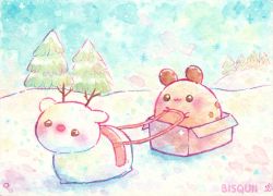 Rule 34 | :3, animal, animal focus, artist name, bisquii, box, rabbit, chibi, chipi, closed mouth, commentary, cookie, deer, food, no humans, original, painting (medium), pine tree, reindeer, sky, sled, snow, sparkle, traditional media, tree, watercolor (medium), winter