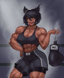 Rule 34 | abs, absurdres, black hair, boxing gloves, boxing ring, glowing, glowing eyes, hair ears, highres, milka01477, muscular, muscular female, original, scar, sharp teeth, shorts, smile, tank top, teeth, thick thighs, thighs, tongue, tongue out