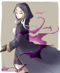 Rule 34 | 1girl, aura, brown gloves, closed mouth, dark aura, fire emblem, fire emblem awakening, from side, gloves, grey background, grima (fire emblem), hood, hood up, long sleeves, looking to the side, nintendo, red eyes, robaco, robe, robin (female) (fire emblem), robin (fire emblem), simple background, solo, white hair