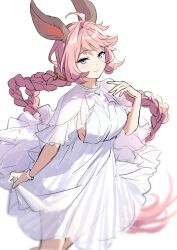 Rule 34 | 1girl, absurdres, ahoge, aki663, animal ears, blue eyes, blush, braid, breasts, closed mouth, dress, erune, granblue fantasy, highres, large breasts, long hair, looking at viewer, official alternate costume, pink hair, see-through, see-through sleeves, smile, solo, tien (granblue fantasy), tien (twins on vacation) (granblue fantasy), very long hair, white dress