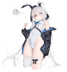 Rule 34 | 1girl, absurdres, animal ears, animal hood, armpit crease, bare shoulders, black jacket, blue bow, blue bowtie, blue eyes, bow, bowtie, breasts, chest harness, closed mouth, covered navel, cowboy shot, cropped legs, drawstring, fake animal ears, from below, frown, groin, hair between eyes, hand up, harness, highleg, highleg leotard, highres, hood, hooded leotard, jacket, leotard, long hair, long sleeves, looking at viewer, looking down, off shoulder, open clothes, open jacket, original, playboy bunny, rabbit ears, rabbit hood, shisantian, simple background, single thighhigh, small breasts, solo, spoken squiggle, squiggle, standing, sweatdrop, thigh strap, thighhighs, thighs, very long hair, white background, white hair, white leotard, white thighhighs