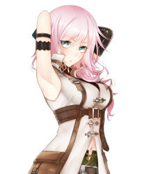 Rule 34 | 10s, 1girl, apt, armpits, arms behind head, arms up, bad id, bad pixiv id, final fantasy, final fantasy xiii, green eyes, highres, lightning farron, navel, pink hair, simple background, solo, standing, white background