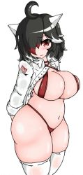 Rule 34 | 1girl, ahoge, alternate costume, arms behind back, belly, belt bra, black hair, blush, breasts, cleavage, cone horns, curvy, hair over one eye, head tilt, highres, hip focus, horns, jacket, kijin seija, large breasts, looking at viewer, multicolored hair, navel, plump, red eyes, red hair, short hair, shy, smile, solo, standing, streaked hair, thick thighs, thighhighs, thighs, touhou, tsurime, walter wolf0907, white hair, white thighhighs, wide hips
