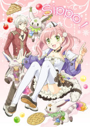 Rule 34 | 10s, 1boy, 1girl, apple, atelier (series), atelier escha &amp; logy, bracelet, chima (angelique), choker, creature, escha malier, food, fruit, full body, green eyes, hat, jacket, jewelry, logix ficsario, pants, pie, pink hair, red apple, shoes, short hair, short twintails, smile, tail, thighhighs, twintails, white hair, white thighhighs, yellow eyes