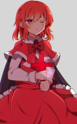 Rule 34 | 1girl, black cape, blush, bow, bowtie, cape, capelet, collared shirt, cross, frilled skirt, frills, highres, holding, holding cross, long sleeves, okazaki yumemi, one eye closed, red bow, red bowtie, red capelet, red eyes, red hair, red skirt, red vest, shirt, short hair, skirt, smile, touhou, touhou (pc-98), vest, white shirt, zerokosan