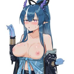 Rule 34 | 1girl, arknights, black coat, blue hair, blush, breasts, coat, colored skin, dragon girl, dragon horns, embarrassed, fellatio gesture, heart, heart-shaped pupils, heavy breathing, horns, large breasts, ling (arknights), long hair, nipples, open mouth, ponytail, symbol-shaped pupils, very long hair, white background, yingwuxie99