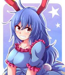 Rule 34 | 1girl, animal ears, aospanking, blue background, blue dress, blue hair, blue sleeves, blush, border, breasts, closed mouth, collarbone, crescent, dress, frilled sleeves, frills, gradient background, grin, hair between eyes, highres, long tail, looking at viewer, medium breasts, puffy short sleeves, puffy sleeves, purple background, rabbit ears, rabbit tail, red eyes, seiran (touhou), short sleeves, short twintails, smile, solo, star (symbol), star print, tail, teeth, touhou, twintails, upper body, white border