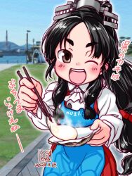 Rule 34 | 1girl, apron, ascot, black hair, blue apron, brown eyes, chopsticks, commentary request, dress, food, high ponytail, kantai collection, kutone shirika, long hair, mochi, multi-tied hair, nisshin (kancolle), official alternate costume, open mouth, photo background, red dress, red ribbon, ribbon, shirt, short eyebrows, smile, solo, teeth, thick eyebrows, translation request, upper teeth only, very long hair, white ascot, white shirt