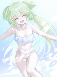 Rule 34 | 1girl, :d, ^ ^, absurdres, bare shoulders, bikini, blue sky, blunt bangs, blunt ends, blush, breasts, chinese commentary, cleavage, closed eyes, collarbone, commentary, curvy, day, facing viewer, feet out of frame, floating hair, gluteal fold, green hair, happy, highres, hime cut, liu ycl, long hair, murasame (senren), navel, open mouth, outdoors, outstretched arms, senren banka, sidelocks, sky, small breasts, smile, sparkle, standing, stomach, straight hair, swimsuit, thigh gap, thighs, two side up, very long hair, water drop, wet, white bikini