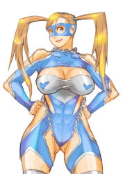 Rule 34 | 1990s (style), 1girl, abs, bare shoulders, blonde hair, blue eyes, breasts, butcherboy, capcom, cleavage, clothing cutout, gluteal fold, hands on own hips, heart, highres, hip focus, knee pads, large breasts, leotard, lips, lipstick, long hair, makeup, mask, rainbow mika, retro artstyle, shiny skin, shoulder cutout, simple background, sketch, smile, solo, street fighter, street fighter zero (series), teeth, twintails, white background, wide hips, wrestling mask, wrestling outfit