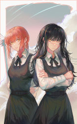 Rule 34 | 2girls, arms behind back, belt, black belt, black dress, black hair, braid, braided ponytail, chainsaw man, cloud, collared shirt, cowboy shot, crossed arms, dress, eye contact, facial scar, frown, hand on own arm, highres, long hair, long sleeves, looking at another, makima (chainsaw man), multiple girls, neck ribbon, outdoors, pinafore dress, power lines, red hair, ribbon, ringed eyes, scar, scar on cheek, scar on face, school uniform, shirt, single braid, sleeveless, sleeveless dress, smile, standing, v-shaped eyebrows, white shirt, yellow eyes, yoru (chainsaw man), zel (o q)