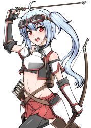 Rule 34 | 1girl, armor, ass, blue hair, blush, bow, breasts, coco ankou, gloves, jacket, long hair, open mouth, quiver, red eyes, smile, weapon