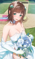 Rule 34 | 1girl, absurdres, amami haruka, blush, bouquet, breasts, brown hair, cleavage, commission, detached collar, dress, elbow gloves, flower, garter straps, gloves, highres, holding, holding bouquet, idolmaster, idolmaster (classic), idolmaster million live!, looking at viewer, medium breasts, outdoors, pixiv commission, smile, solo, strapless, strapless dress, thighhighs, uouokuma, wedding dress, white dress, white garter straps, white gloves, white thighhighs