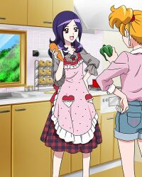 Rule 34 | 2girls, apron, blonde hair, carrot, denim, denim shorts, fresh precure!, hand on own hip, highres, kitchen, long hair, multiple girls, official art, open mouth, precure, precure connection puzzlun, purple eyes, red eyes, shorts, smile, solo focus, third-party source, twintails