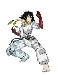 Rule 34 | 1girl, alternate costume, barefoot, belt, black eyes, black hair, breasts, choker, commentary, cropped jacket, cyborg, english commentary, eyeliner, fighting stance, full body, highres, jacket, knee pads, makeup, makoto (street fighter), mechanical arms, medium breasts, paul remy, ribbon, ribbon choker, short hair, skin tight, solo, street fighter, toes, tomboy, white background, white jacket, yellow ribbon