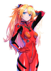 Rule 34 | 1girl, blue eyes, breasts, curvy, hair between eyes, hand in own hair, hand on own hip, interface headset, light smile, long hair, looking at viewer, neon genesis evangelion, orange hair, plugsuit, shigi 0, shiny clothes, simple background, small breasts, smile, solo, souryuu asuka langley, twintails, upper body, very long hair, white background
