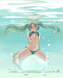 Rule 34 | 1girl, blush, glasses, green hair, kubocha, long hair, looking at viewer, open mouth, original, solo, swimsuit, twintails, underwater