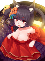 Rule 34 | 1girl, animal ear fluff, animal ears, azur lane, bell, breasts, cat ears, cat girl, cat tail, cleavage, dress, fang, highres, jingle bell, large breasts, raseruta, red dress, red eyes, short eyebrows, short hair, skin fang, solo, tail, tail bell, tail ornament, yamashiro (azur lane), yamashiro (dressy black cat) (azur lane)