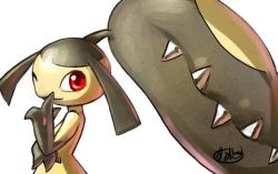 Rule 34 | closed mouth, commentary request, creatures (company), game freak, gen 3 pokemon, kaosu (kaosu0905), looking back, mawile, nintendo, no humans, one eye closed, pokemon, pokemon (creature), red eyes, simple background, smile, solo, watermark