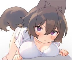 Rule 34 | 1girl, :t, animal ears, barefoot, blush, breast press, breasts, brown hair, cleavage, closed mouth, hair between eyes, large breasts, looking at viewer, original, pout, purple eyes, shirt, short sleeves, simple background, solo, tail, v-shaped eyebrows, white background, white shirt, wolf ears, wolf tail, wolflove