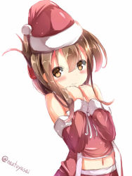 Rule 34 | 10s, 1girl, artist name, bad id, bad pixiv id, blush, brown eyes, brown hair, christmas, flat chest, hat, inazuma (kancolle), kantai collection, looking at viewer, natuna natu, navel, santa hat, simple background, smile, solo, white background