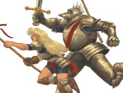 Rule 34 | 1boy, 1girl, alternate costume, appol, armor, bandaged leg, bandages, blonde hair, caiman (dorohedoro), clenched hand, dorohedoro, feet out of frame, gloves, holding, holding polearm, holding sword, holding weapon, knee pads, knight, long hair, looking ahead, nikaidou (dorohedoro), open mouth, outstretched arm, polearm, profile, running, single glove, smile, sword, thighhighs, weapon, zettai ryouiki