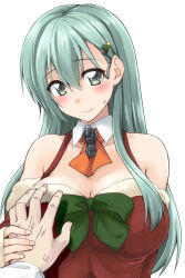 Rule 34 | 10s, 1girl, bare shoulders, blush, grabbing another&#039;s breast, breasts, christmas, christmas tree hair ornament, cleavage, commentary, grabbing, green eyes, green hair, guided breast grab, guiding hand, hair ornament, kantai collection, large breasts, long hair, looking at viewer, mikagami sou, pov, ribbon, santa costume, sleeves past wrists, smile, solo focus, suzuya (kancolle), sweatdrop