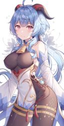 1girl, ahoge, ayuanlv, bare shoulders, bell, blue hair, breasts, brown legwear, brown leotard, cleavage, contrapposto, cowbell, cowboy shot, detached collar, detached sleeves, erect nipples, ganyu (genshin impact), genshin impact, goat horns, gold trim, highres, horns, large breasts, leotard, long hair, long sleeves, looking at viewer, low ponytail, pelvic curtain, pink eyes, simple background, smile, solo, standing, tassel, very long hair, waist cape, white background