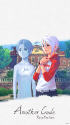 Rule 34 | 1boy, 1girl, another code, another code recollection, ashley mizuki robbins, clock, d (another code), denim, ghost, hands on own chest, highres, jeans, mansion, nintendo, official art, pants, short hair, sweater, title, tree, white hair