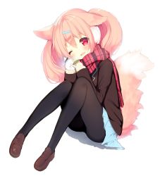 Rule 34 | 1girl, ;d, amamiya aki, animal ears, black jacket, blazer, blue skirt, blush, brown footwear, commentary request, earmuffs, fox ears, fox tail, full body, hair between eyes, hair ornament, hairclip, hands up, head tilt, highres, holding, jacket, knees together feet apart, knees up, loafers, long sleeves, one eye closed, open mouth, original, p19, pantyhose, pink hair, pleated skirt, red eyes, red scarf, scarf, shoes, simple background, sitting, skirt, sleeves past wrists, smile, snow rabbit, solo, tail, twintails, virtual youtuber, white background