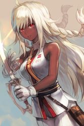 Rule 34 | 1girl, ahoge, bare shoulders, braid, breasts, dark skin, dark-skinned female, fate/grand order, fate (series), gloves, holding, hungry clicker, lakshmibai (fate), long hair, looking at viewer, red eyes, simple background, sleeveless, solo, sword, twin braids, very long hair, weapon, white gloves, white hair