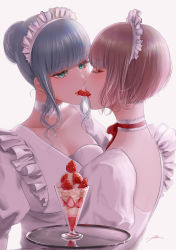 Rule 34 | 2girls, aqua eyes, artist name, blue hair, blush, breasts, closed eyes, collarbone, filha, french kiss, highres, kiss, looking at another, maid, maid headdress, multiple girls, open mouth, original, parted lips, pink hair, short hair, tongue, tongue out, tray, upper body, white background, yuri