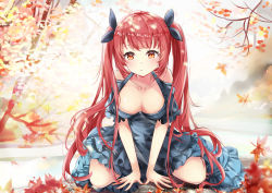 Rule 34 | 1girl, arm support, autumn leaves, azur lane, between legs, black ribbon, blue dress, breasts, brown eyes, casual, cleavage, closed mouth, clothing cutout, collarbone, commentary request, dress, hair ribbon, hand between legs, highres, honolulu (azur lane), large breasts, leaf, long hair, looking at viewer, maple leaf, mutang, red hair, ribbon, shoulder cutout, sitting, solo, twintails, very long hair, wariza