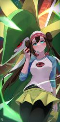 Rule 34 | 1girl, absurdres, black pantyhose, blurry, blush, bow, brown hair, closed mouth, commentary request, creatures (company), double bun, doughnut hair bun, game freak, gen 5 pokemon, hair bun, hand up, highres, holding, holding poke ball, long hair, looking at viewer, nintendo, osayu1116, pantyhose, pantyhose under shorts, pink bow, poke ball, poke ball (basic), pokemon, pokemon (creature), pokemon bw2, raglan sleeves, rosa (pokemon), serperior, short shorts, shorts, smile, twintails, visor cap, yellow shorts