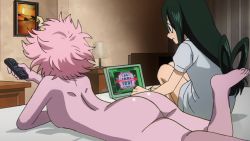 Rule 34 | 2girls, ashido mina, ass, asui tsuyu, bed, boku no hero academia, bottomless, breasts, butt crack, colored skin, computer, controller, dark green hair, horns, lamp, laptop, lying, multiple girls, no bra, no panties, nude, nude filter, on stomach, pink hair, pink skin, remote control, sideboob, third-party edit, topless, wall