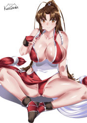 Rule 34 | 1girl, bare shoulders, breasts, brown eyes, brown hair, cameltoe, cleavage, covered erect nipples, fatal fury, highres, huge breasts, kurozawa, large breasts, long hair, looking at viewer, parted lips, ponytail, shiranui mai, sitting, smile, solo