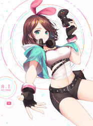 Rule 34 | 1girl, absurdres, belt, black gloves, black shorts, blush, breasts, brown hair, character name, closed mouth, controller, fang, fang out, fingerless gloves, game controller, gloves, green eyes, hairband, highres, kizuna ai, kizuna ai (a.i. games), kizuna ai inc., looking at viewer, medium breasts, midriff, multicolored hair, navel, official alternate costume, pink hair, pink hairband, play button, short hair, short sleeves, shorts, smile, solo, streaked hair, sugar (dndi888), virtual youtuber, white background